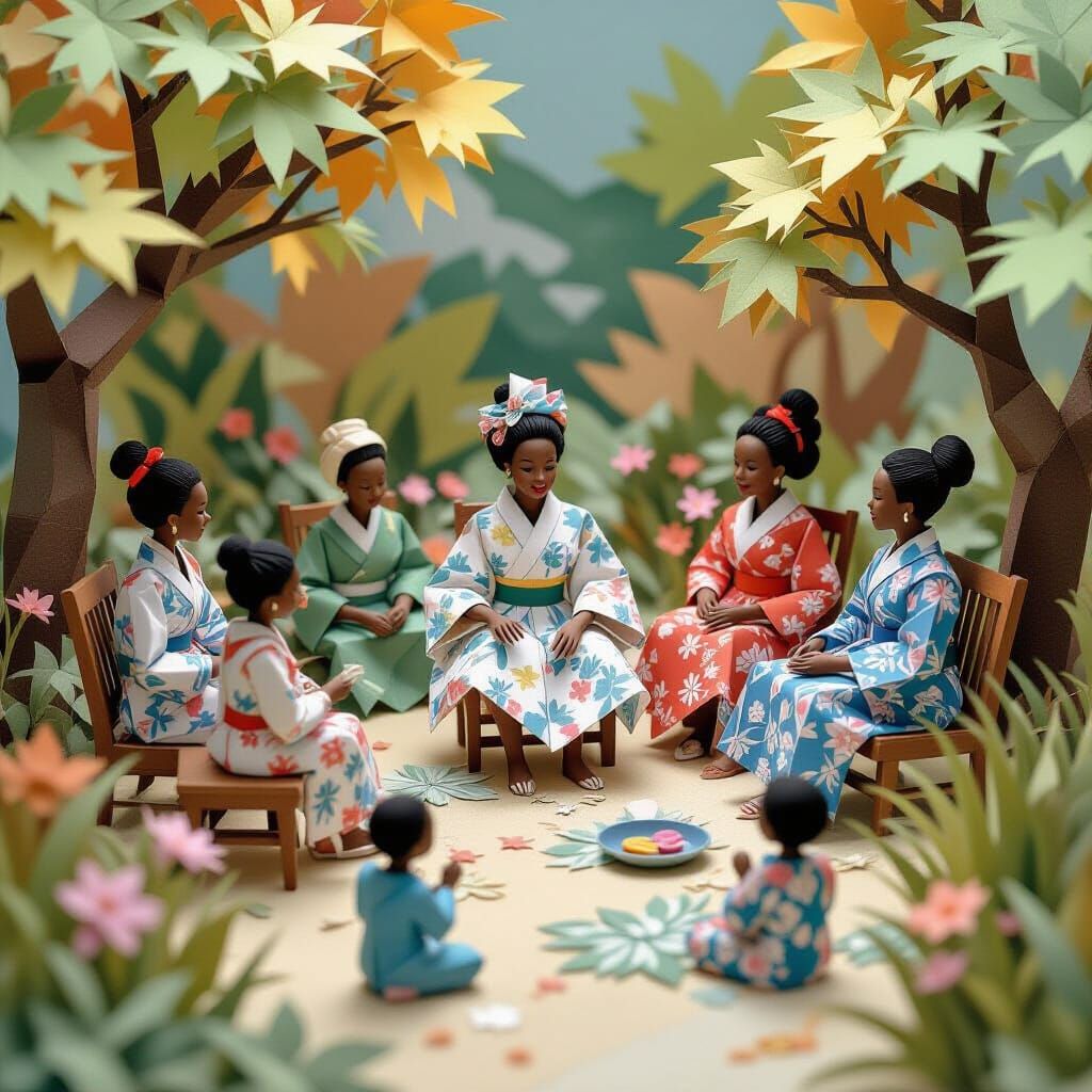 Intricate Origami Papercraft Scene of African American Figur...