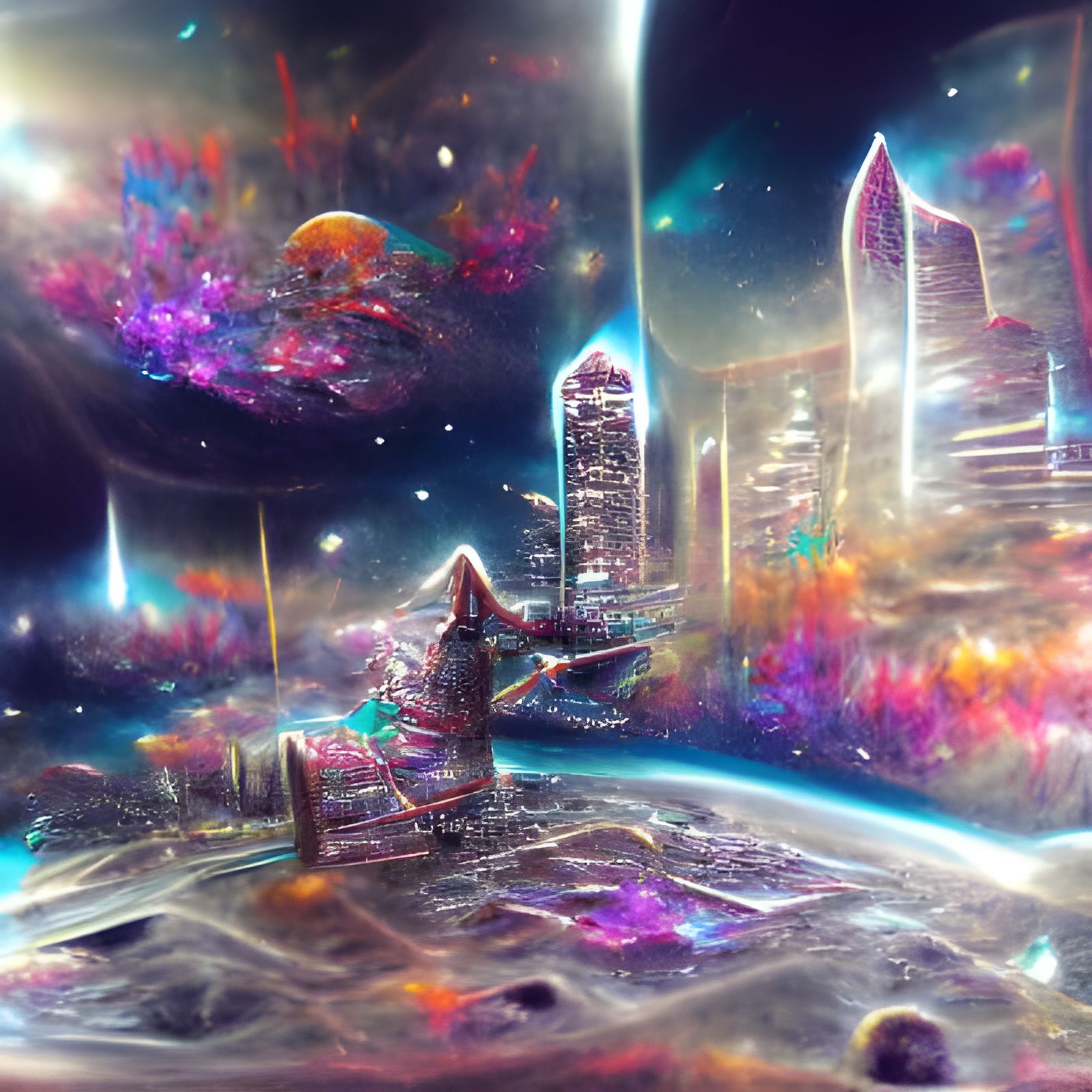 Cosmic City in Space: Holographic Astral Illustration