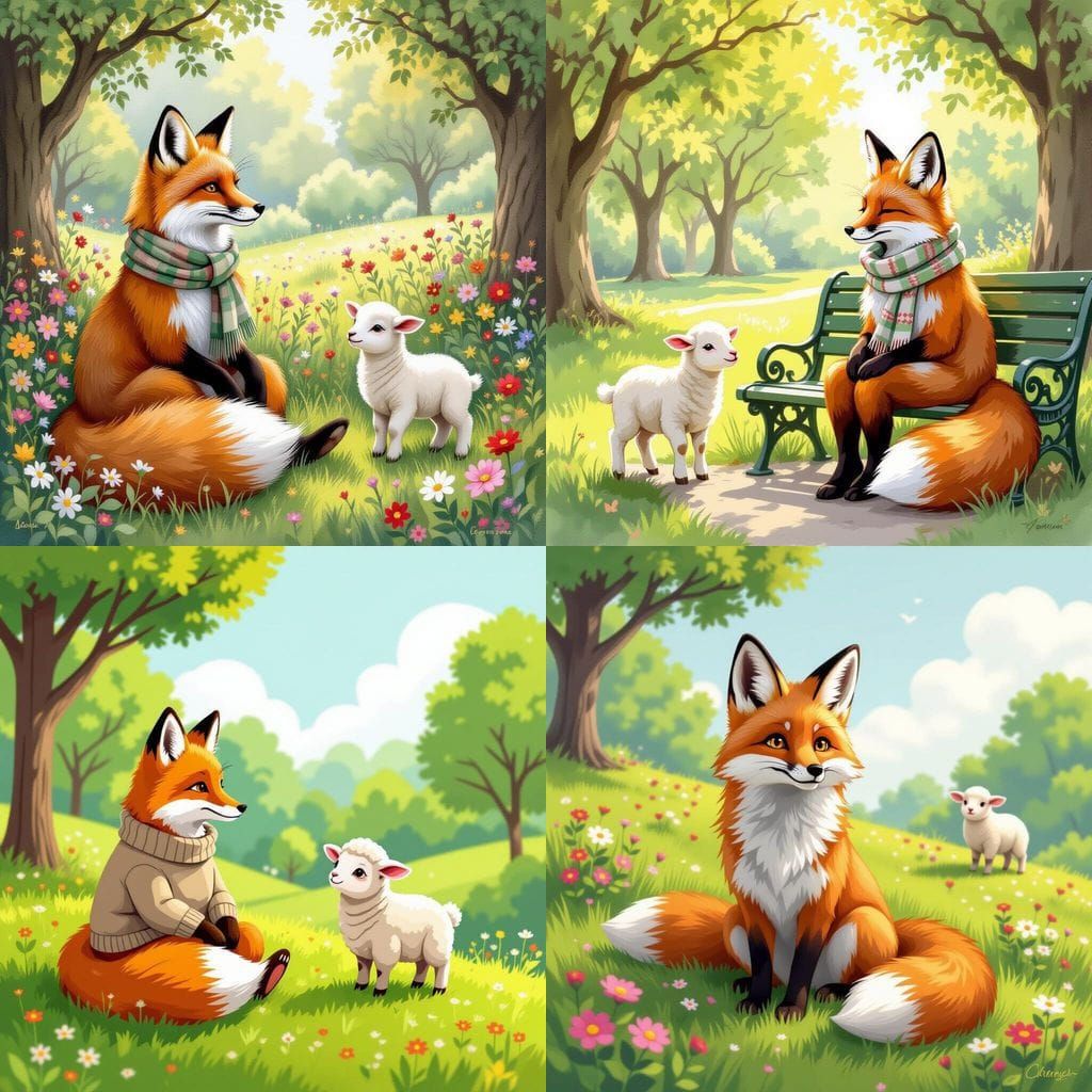 Fox and Lamb in Park Setting