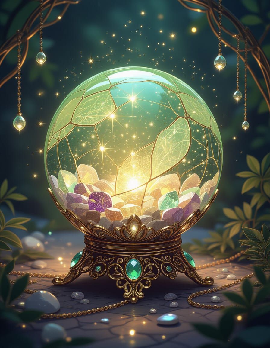 Peridot Gemstone Sphere with Luminescent Lights in Art Nouve...