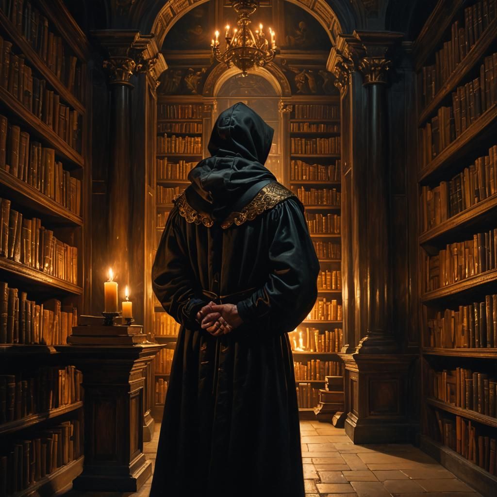 Hooded Figure in Candlelit Baroque Library