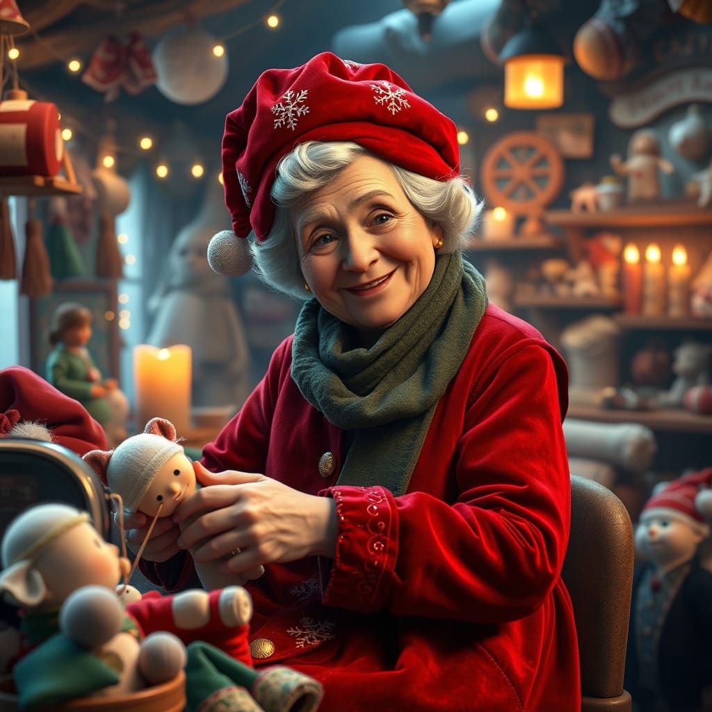 Whimsical Grandma Claus in Sparkling Velvet Attire, Sewing D...