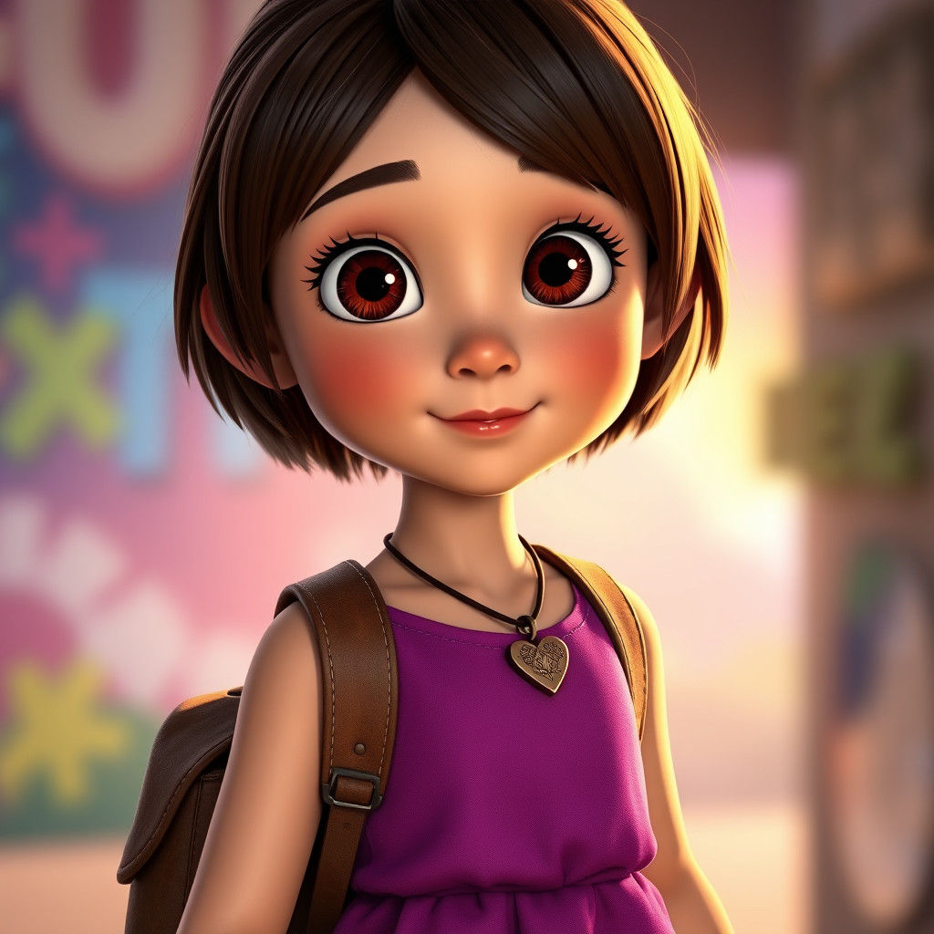 Pixar-Style Girl with Big Eyes and Purple Dress