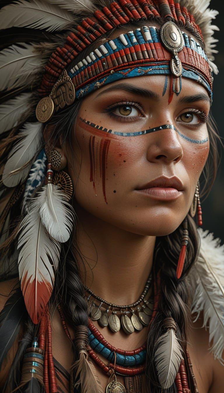 Evocative Portrait of Indigenous Woman in Realistic Painting...