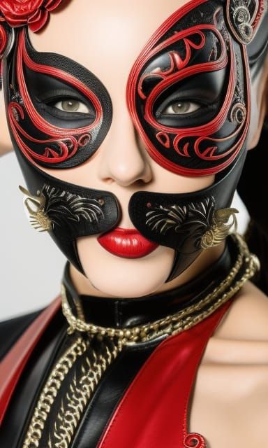Demonic Beauty in Red Mask: Photorealistic Illustration