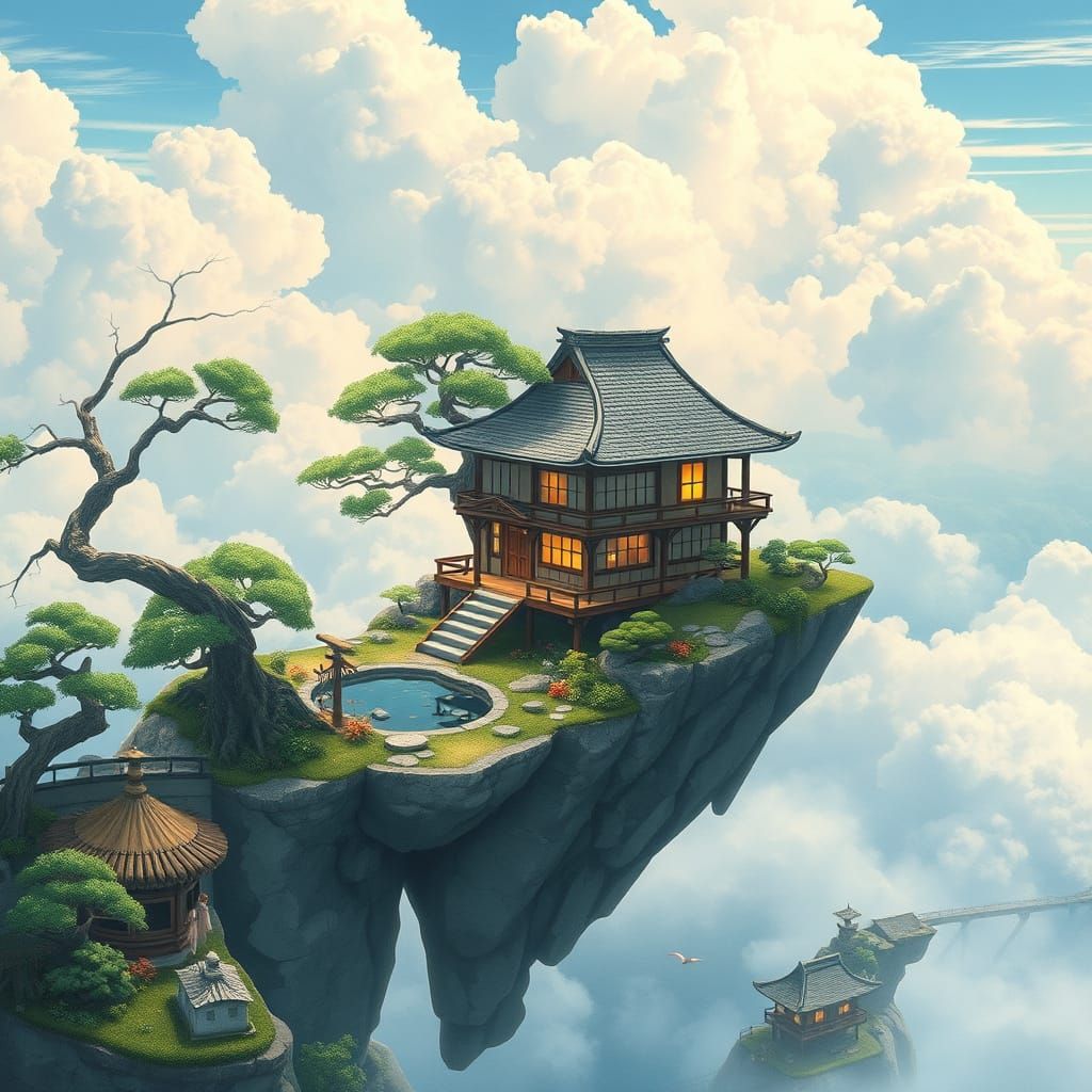 Surreal Japanese Garden Floats Among Clouds in Watercolor St...