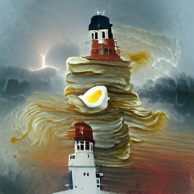 Lighthouse Storm with Surreal Fried Egg Elements