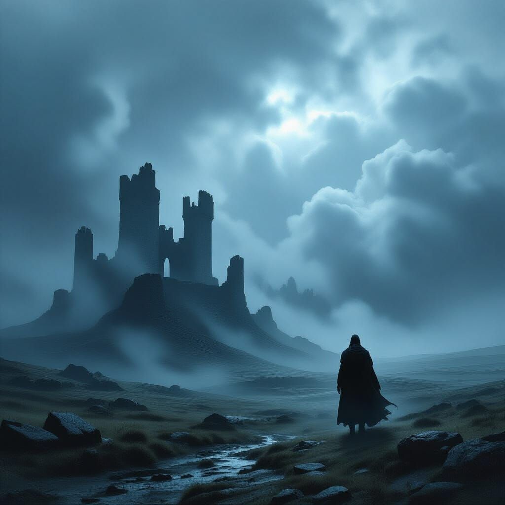 Figure on Moor Under Stormy Sky with Castle Ruins