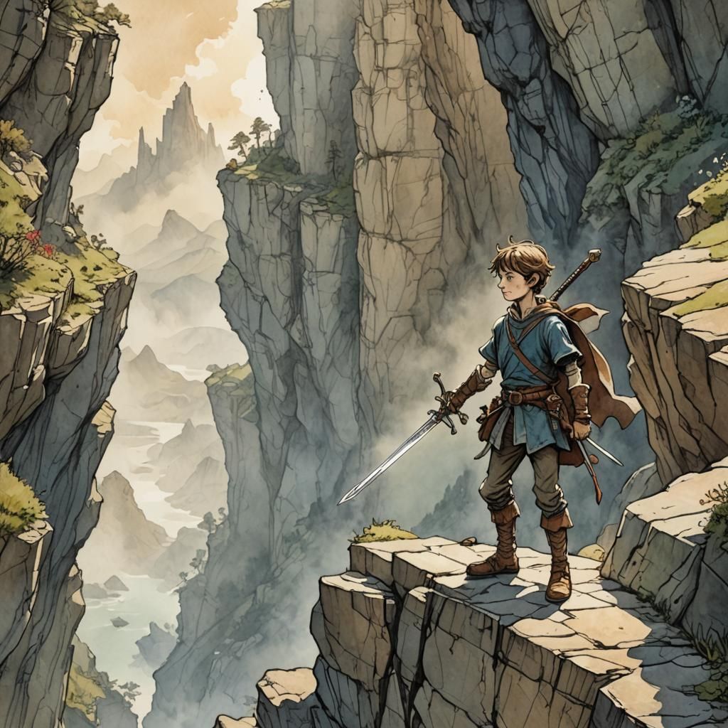 Victorious Boy with Sword Watercolor Illustration