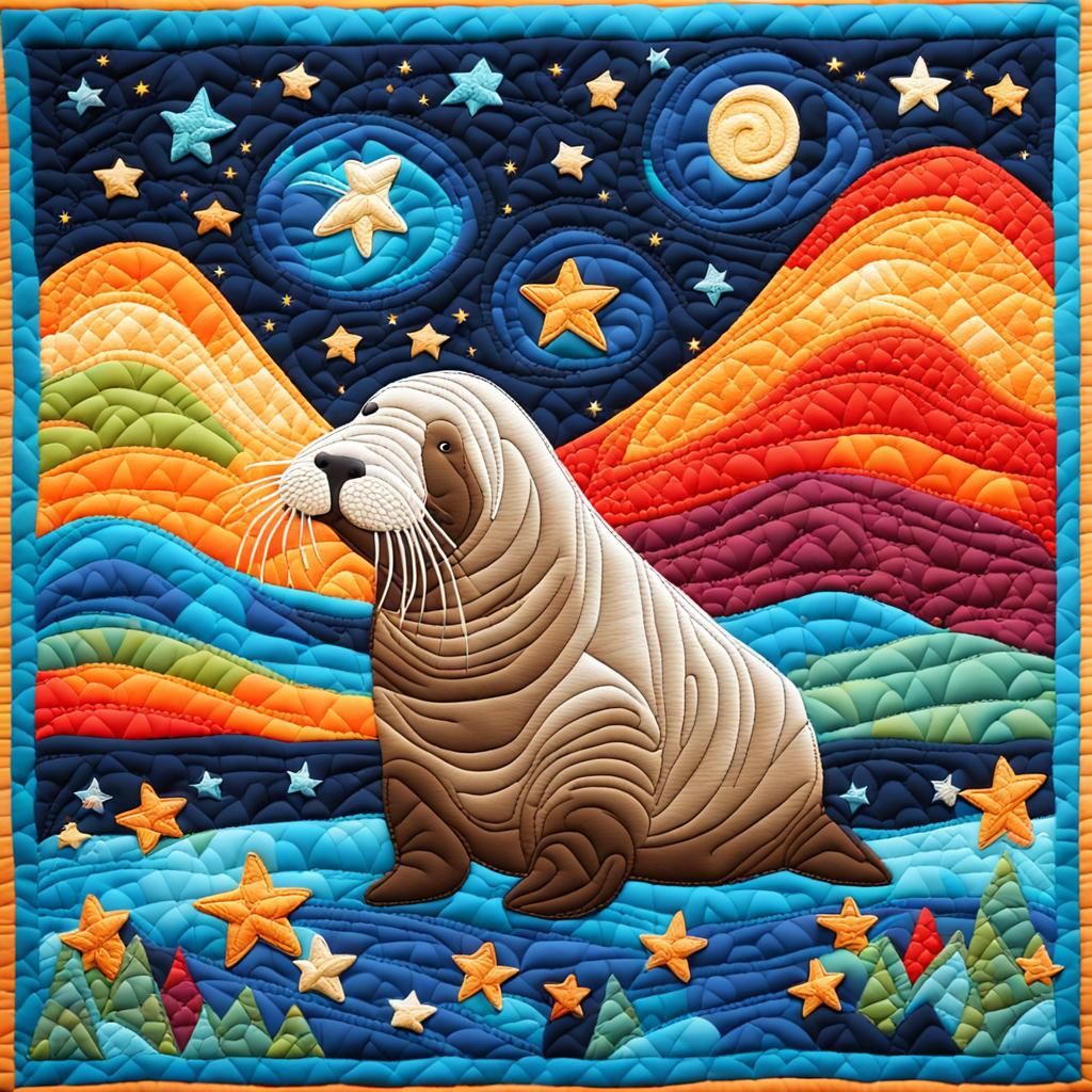 Stylized Quilted Walrus Under Starry Sky