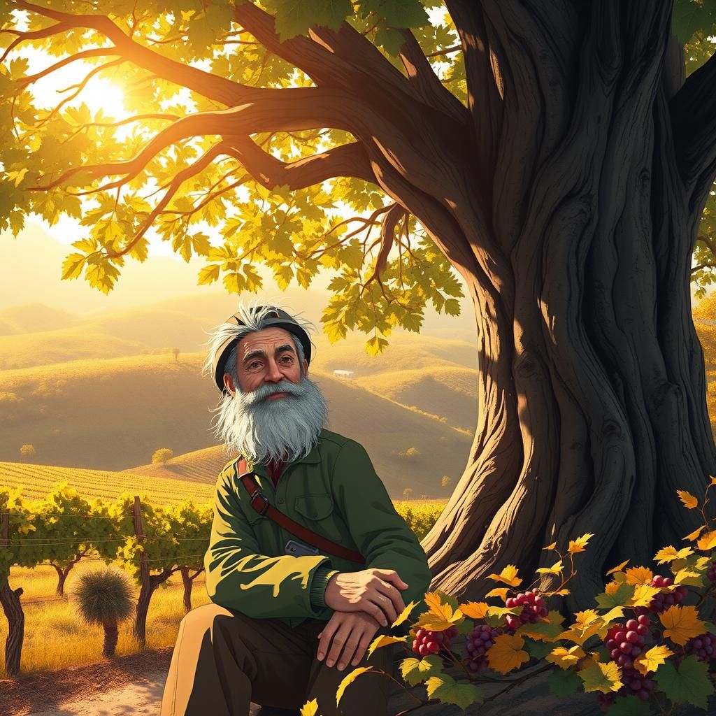 Geologist Resting in Vineyard, Ghibli-Inspired Anime