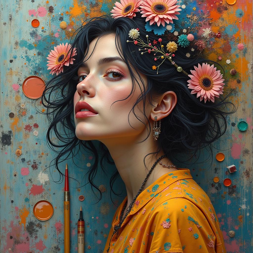 Vibrant Woman in Surreal Mixed Media Art