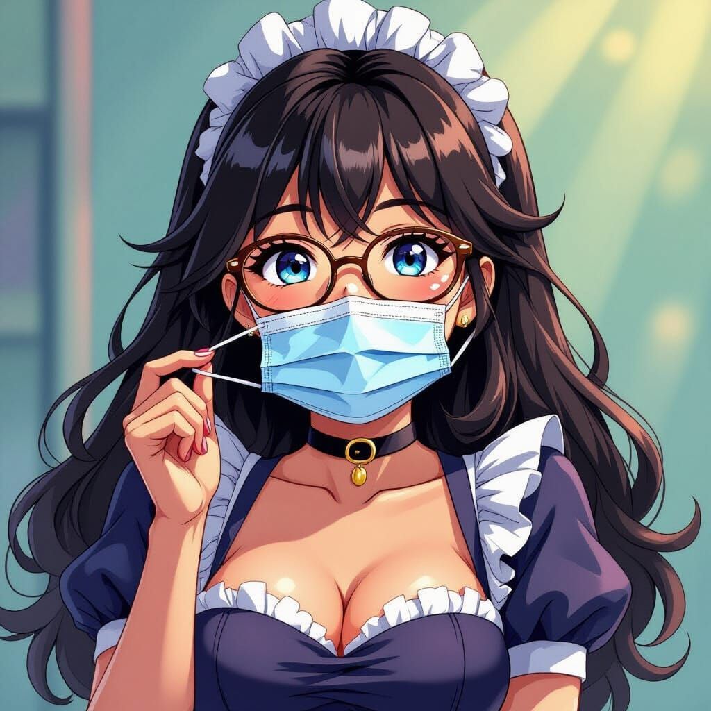 Anime Maid With Glasses Winks Holding Mask