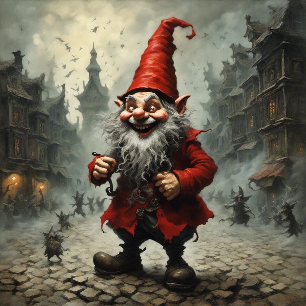 Red Laughing Gnome in Dark City, Burton/Doré Style