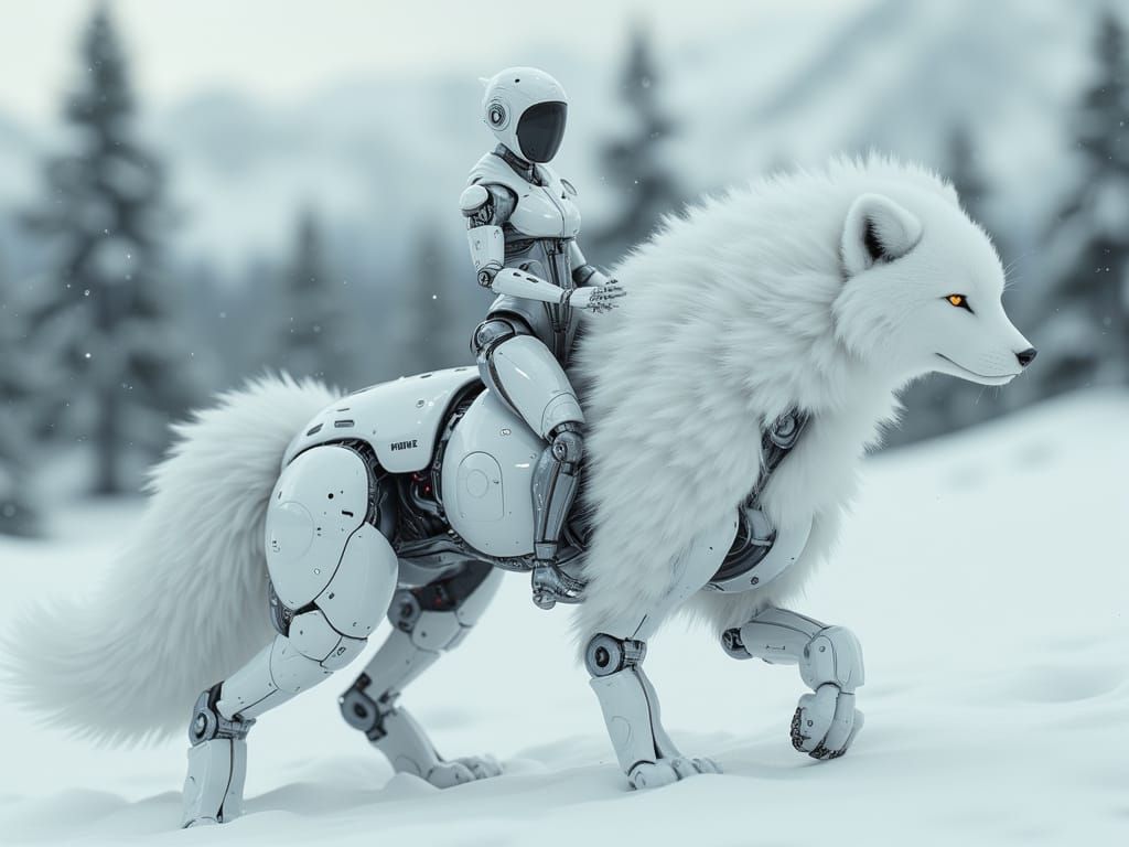 White Android Robot Girl Riding Giant Fox in Blizzard