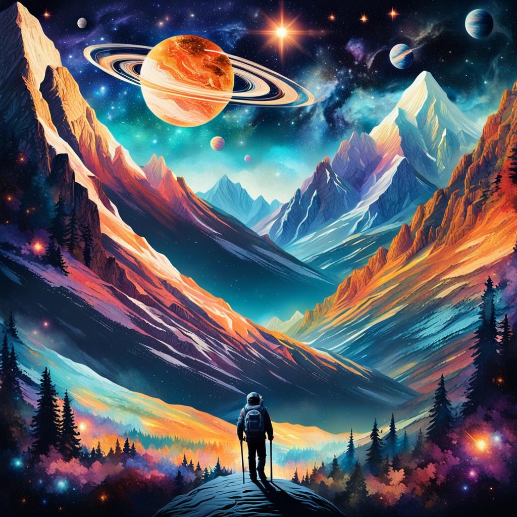 Space Travelers Hiking on Alien Planet: Fantasy Illustration