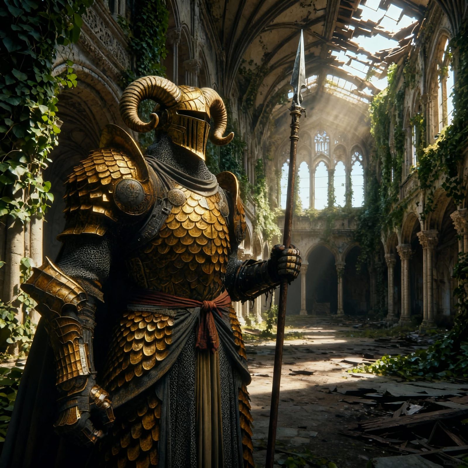 Epic Knight in Ram Helmet with Spear