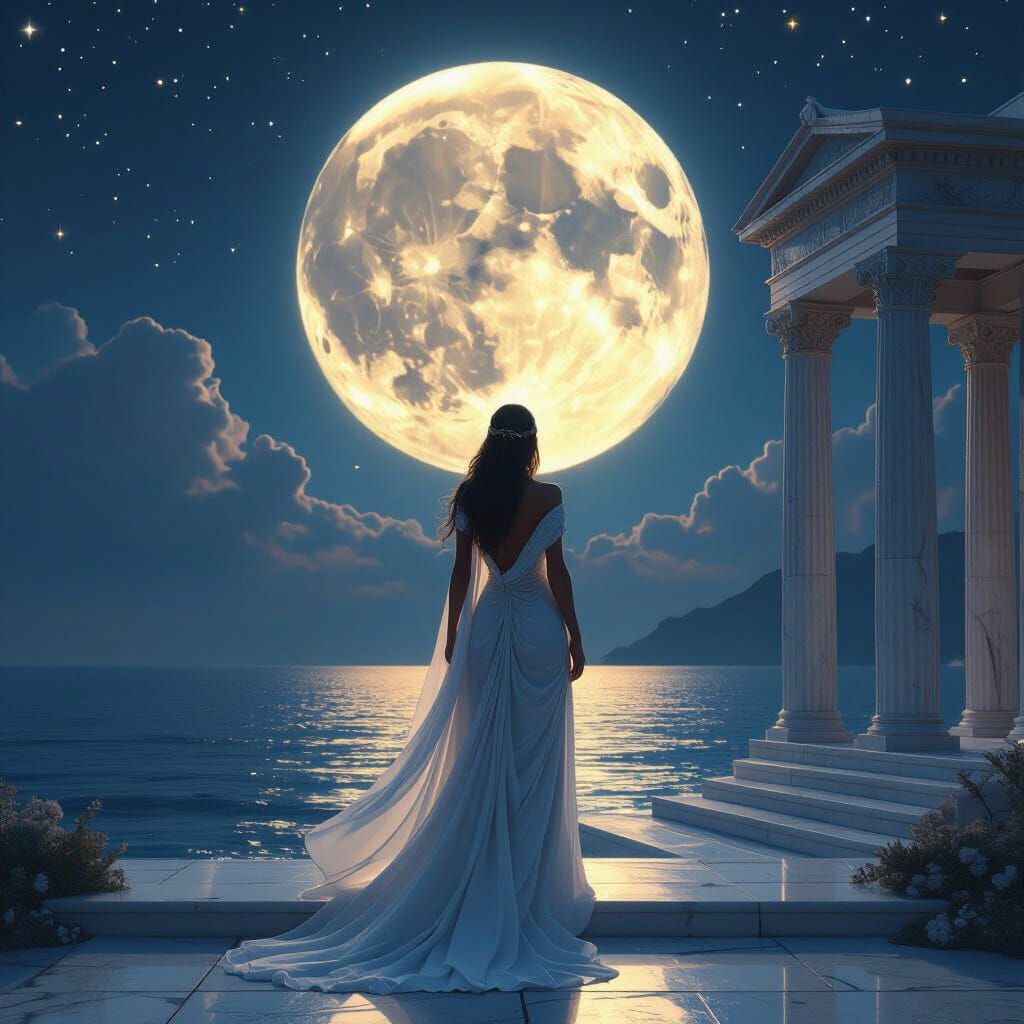 Moon Goddess in Ancient Greece: Aegean Sea Temple Under Full...