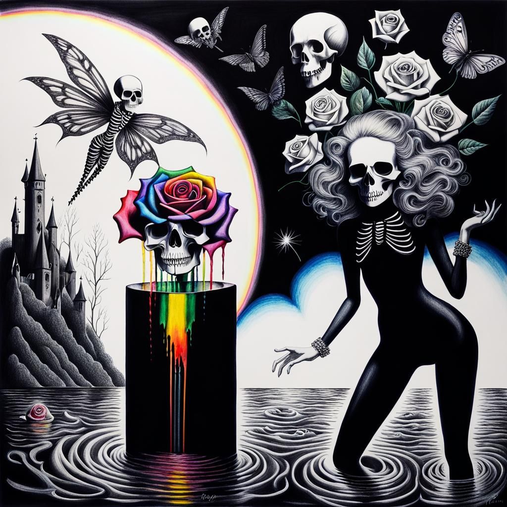 Surreal Crayon Drawing: Goth Woman in Pain