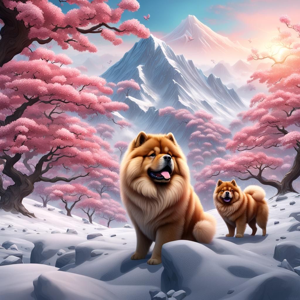 Chow Chows on Snowy Mountain with Cherry Blossoms