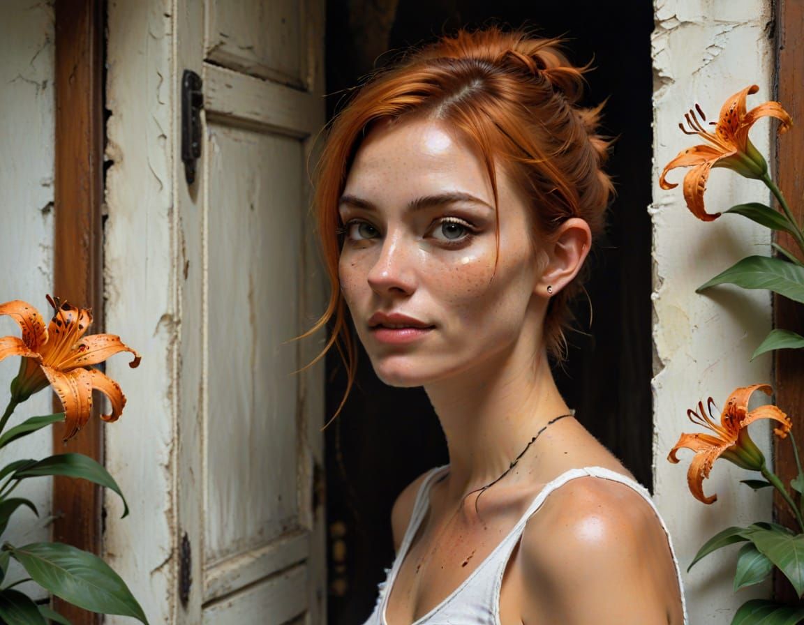 tiger lily young 30ish ginger hair freckled cross-eyed sly grin gangly long neck woman grunge couture tshirt messy pixie...