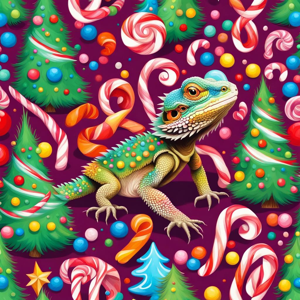 Bearded Dragon in Candyland Christmas Tree Gouache