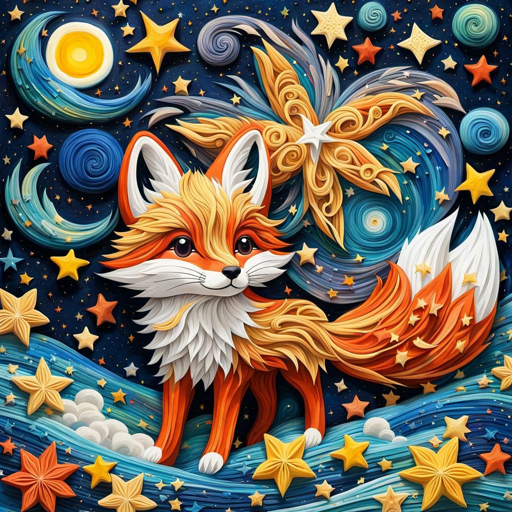 Pasta Fox in Starry Night Abstract Illustration