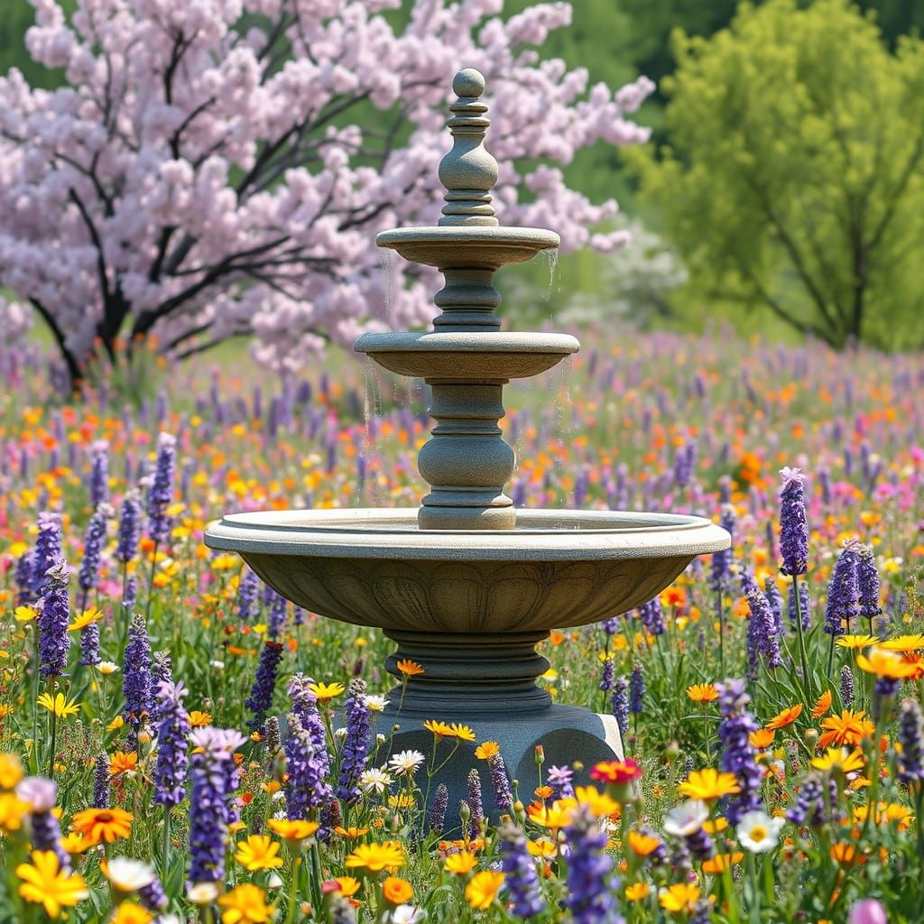 Stone Fountain in Wildflower Meadow, Impressionistic Style