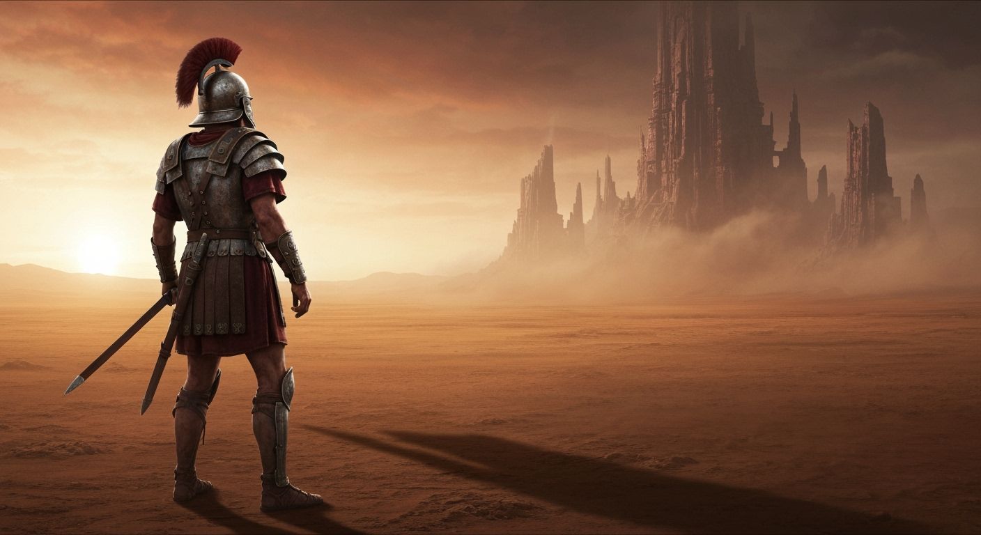 Roman Legionary on Mars Views Alien City Ruins