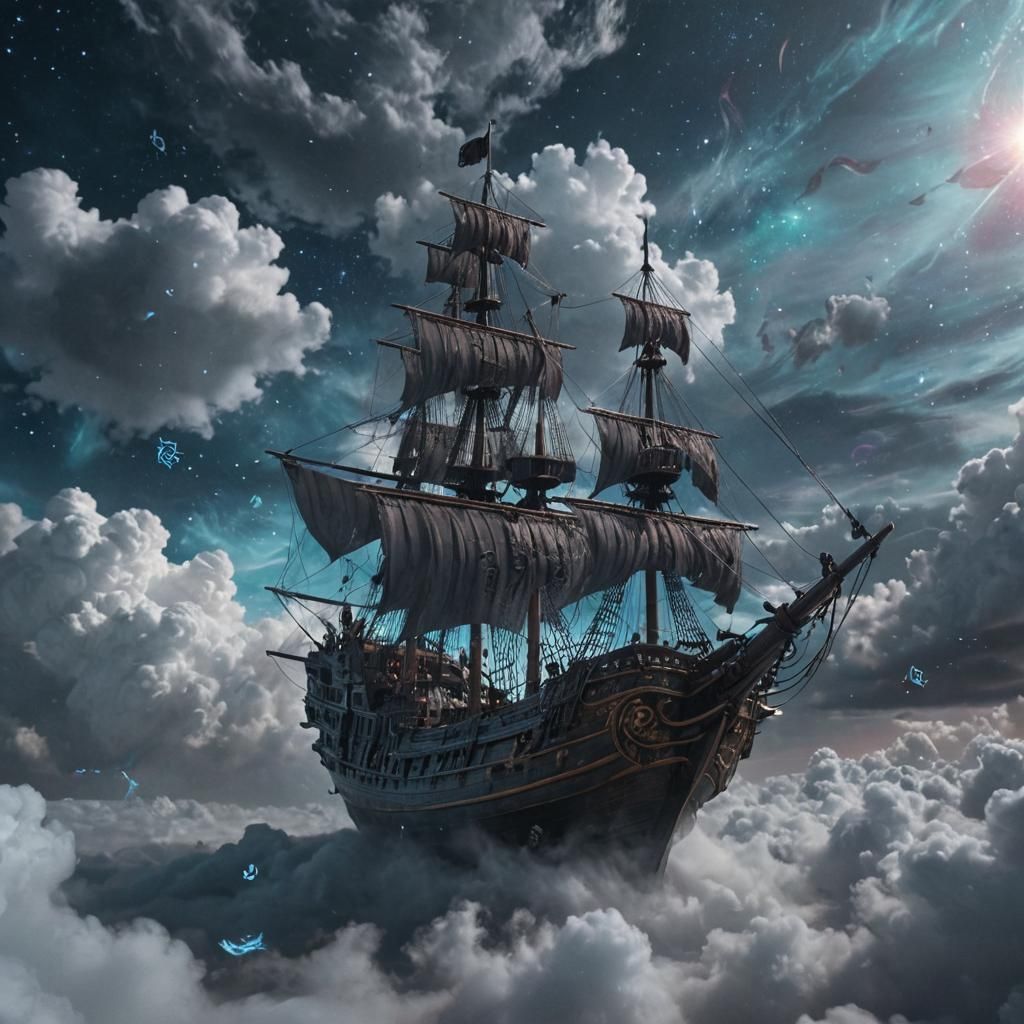 Ancient Pirate Ship Sailing on Cosmic Clouds