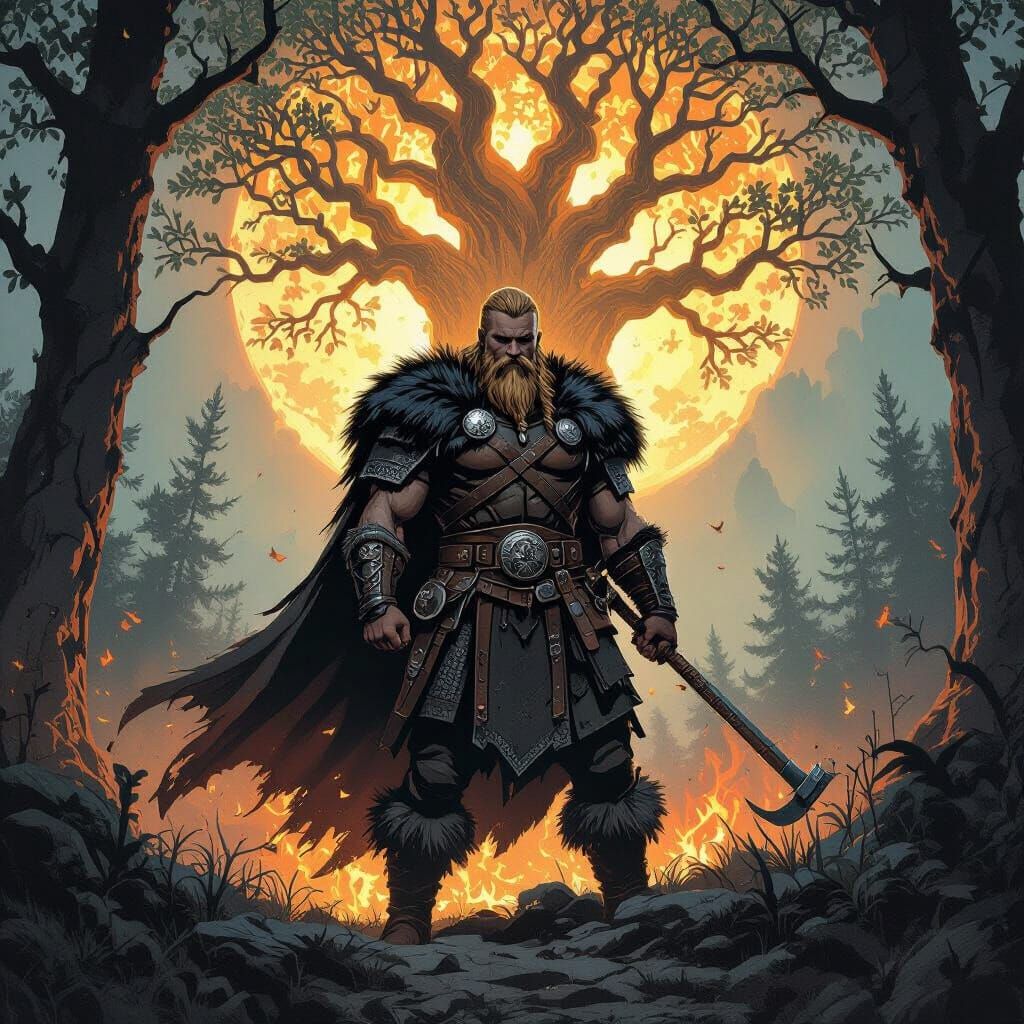 Viking Warrior and Fiery Yggdrasil in Dark Comic Style
