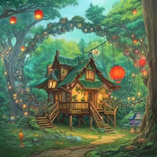 Whimsical Treehouse Village in a Sunlit Forest