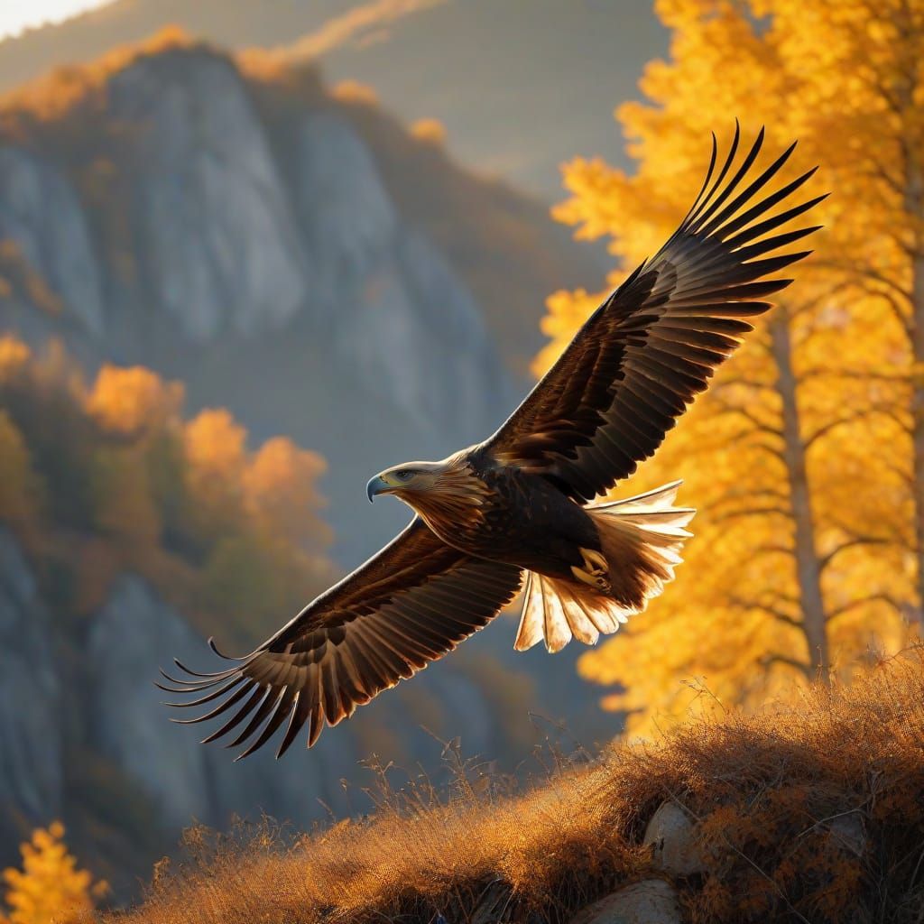 Golden Eagle Soaring Over Autumn Landscape as Oil Painting