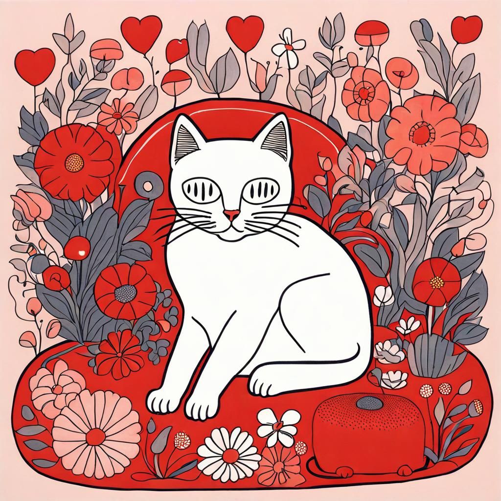 Cute Cat Surrounded by Flowers in Urban Style