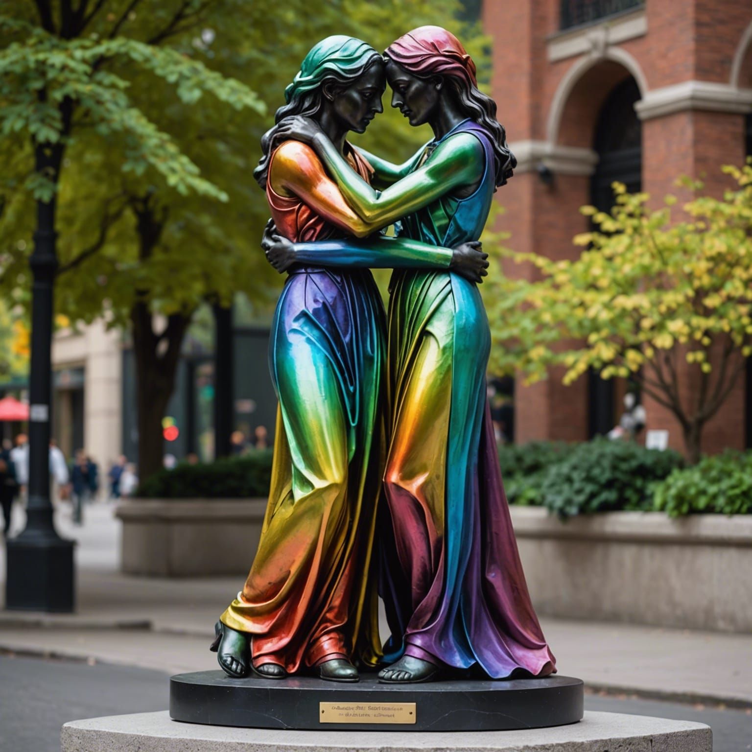 beautiful hugging lesbian couple statue sculpture, award-winning, a masterpiece, broken sculpture, inspired by the works...