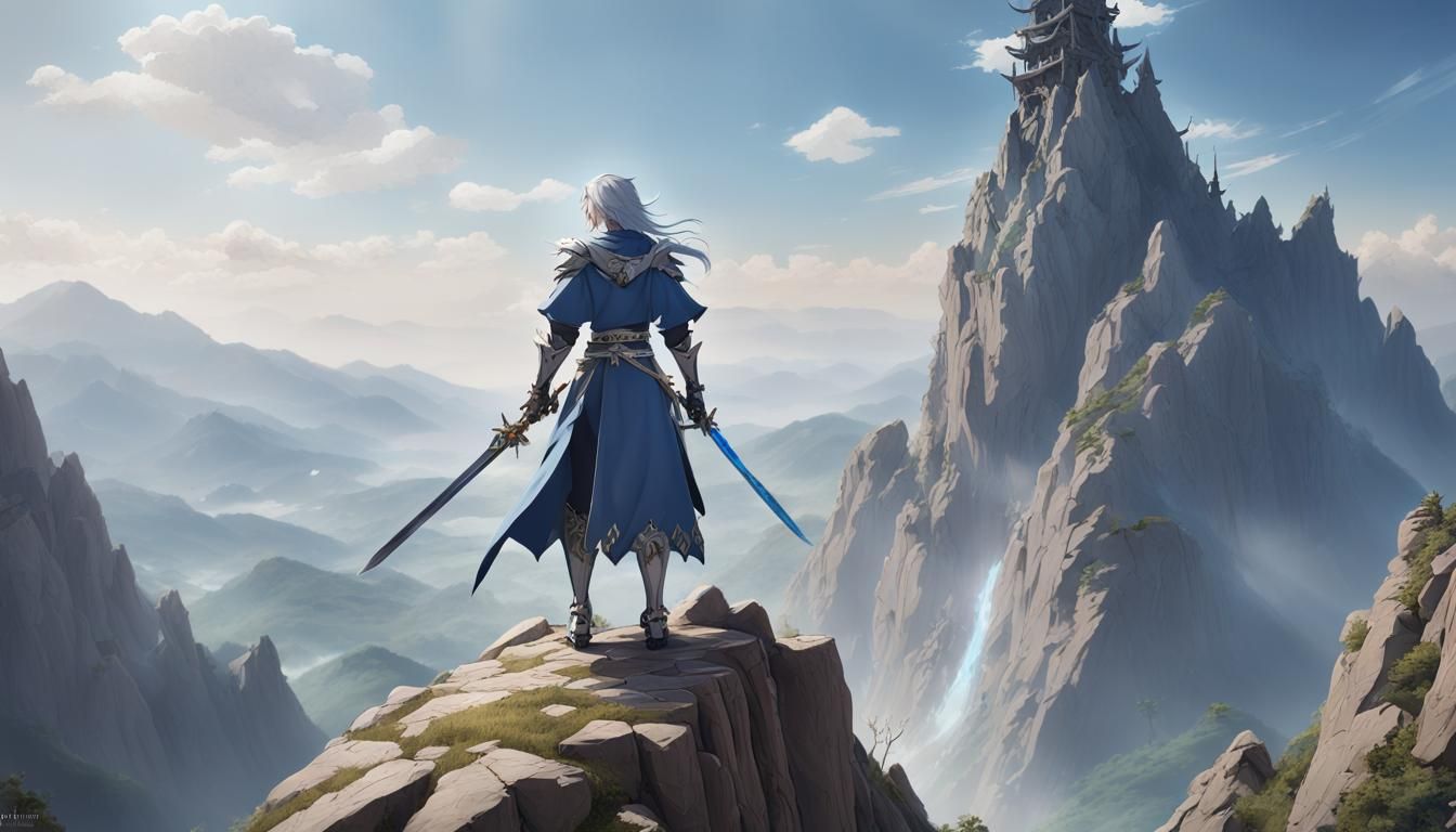 Sword Master at Mountain Peak: 3D Anime Art