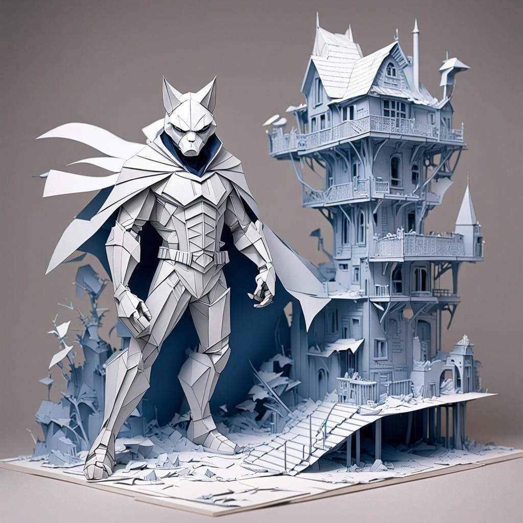 Elegant Origami Hero in Comic Book Style