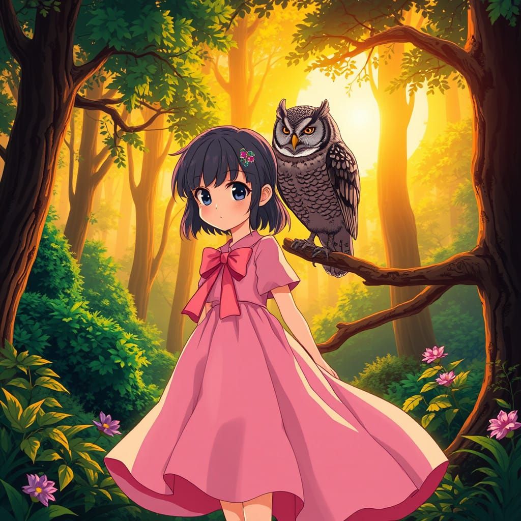 Mystical Girl Shares Secrets with Anime Owl in Sunset Forest
