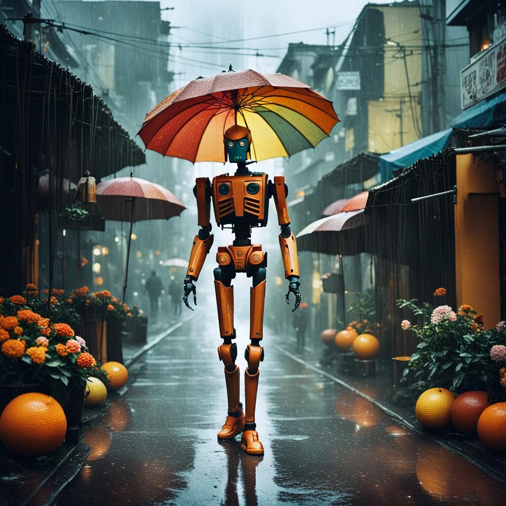 Female Robot with Umbrella in Rainy Cityscape