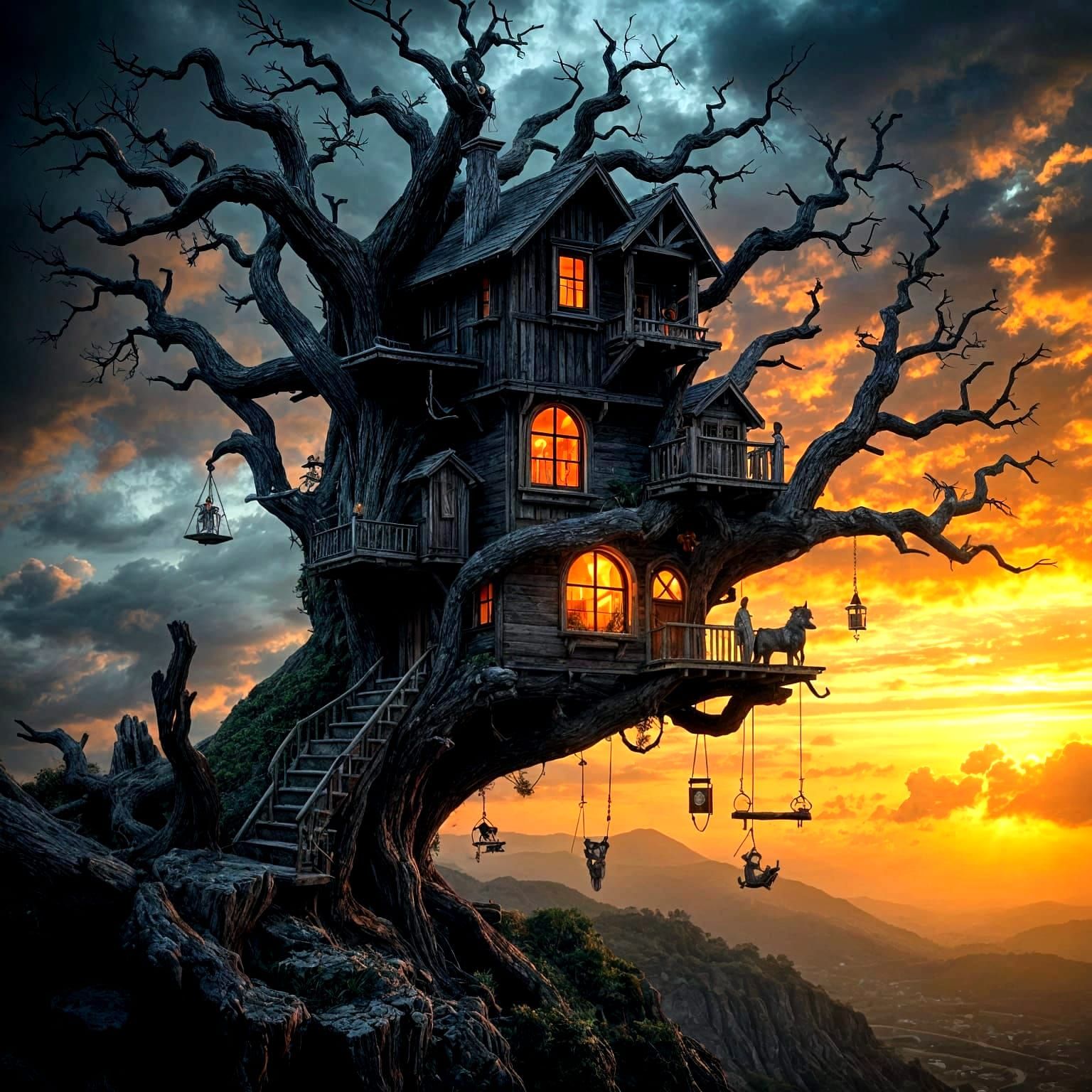 Whimsical Treehouse Amidst Stormy Sunset