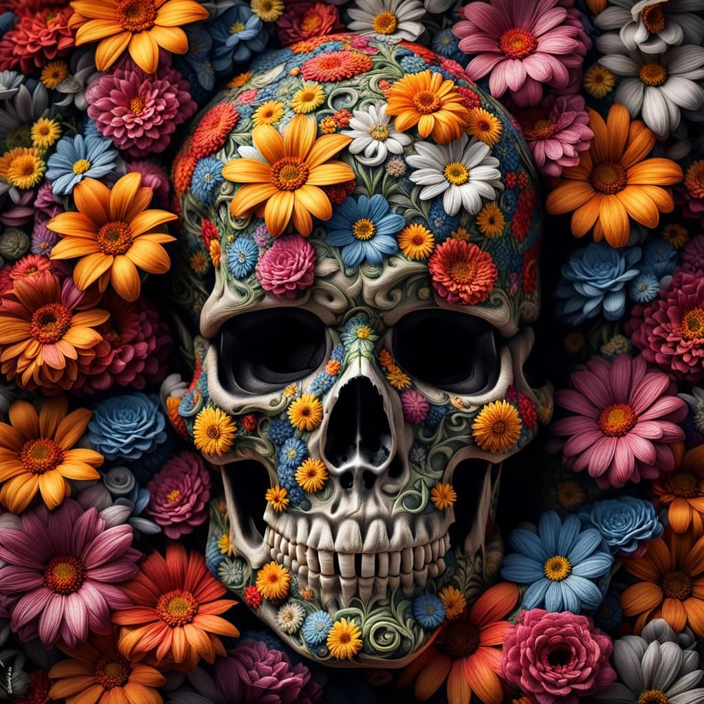 Floral Skull: Hyperrealistic and Intricately Detailed