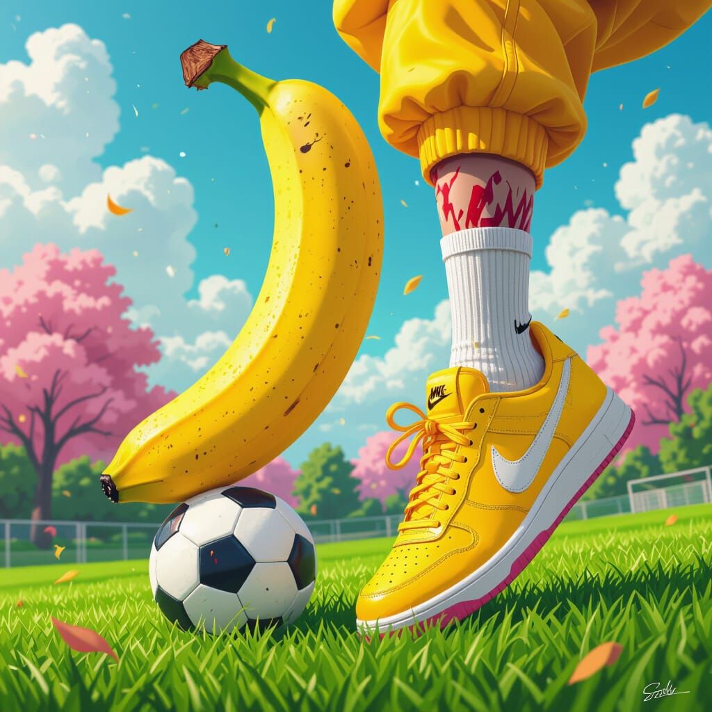 Mutant Banana Plays Soccer in Whimsical Style