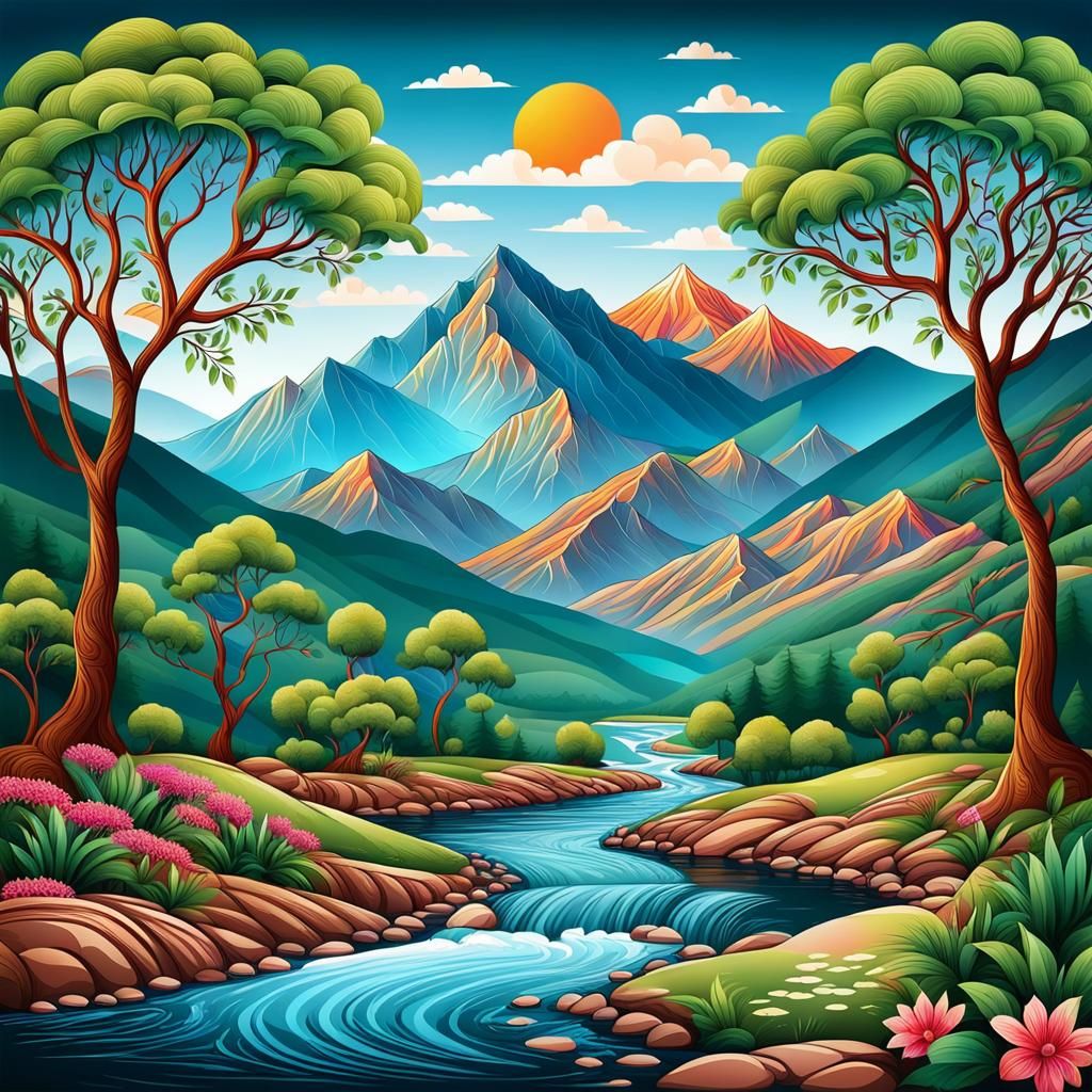 Mehendi Style Landscape with Mountains and River