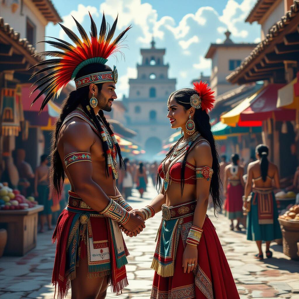 Majestic Aztec Couple in Tenochtitlan, Hyperrealistic Art