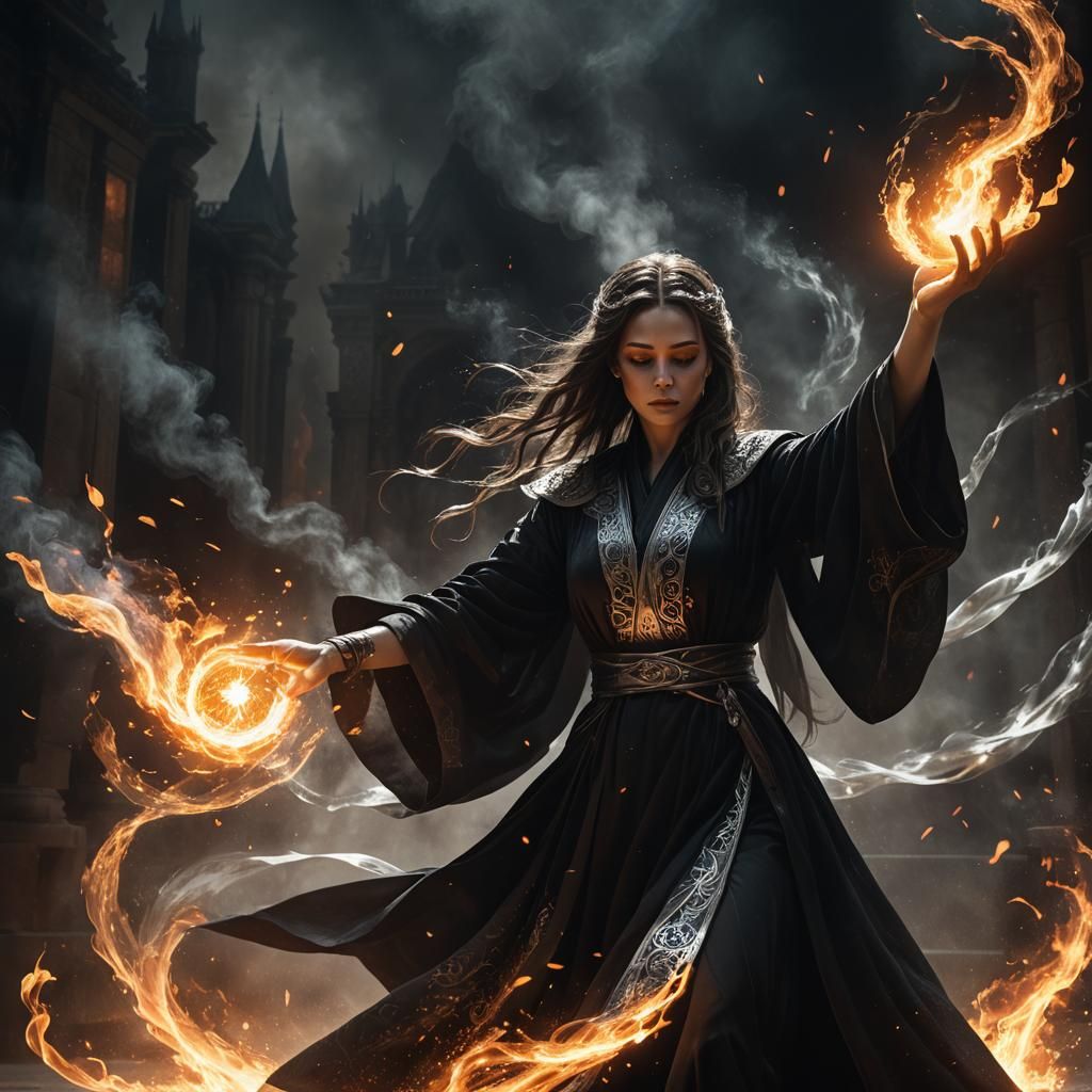 Sorceress Conjuring Fireball in Fantasy Art Style