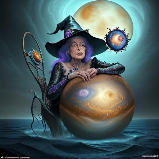 Old Witch Swimming on Venus in Surreal Style