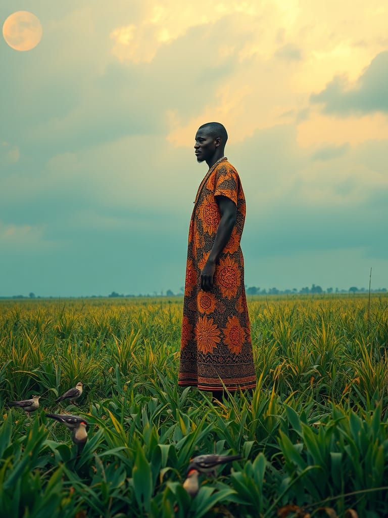 Man in Ghanaian Field with Birds, Intricate Maximalist Art