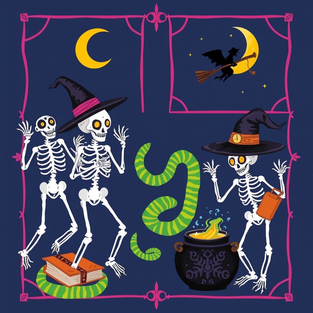 Whimsical Halloween Pattern with Skeletons and Witch Element...