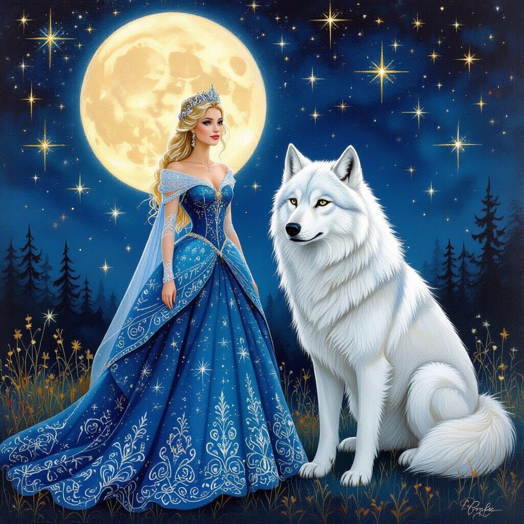 Princess and White Wolf Under Moon in Fantasy Art