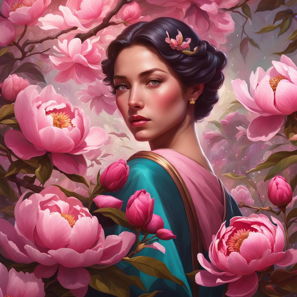 Pink Magnolias and Peonies Portrait in Hyperdetailed Style